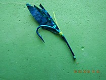 UV муха на синем Унаги №6.5 мм  с рыбей кожей голец синий УФ с добавлением Люрекса синий морской и лимонной точкой привязки Для Самодуров на Зубаря в Охотска