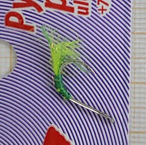 Снасти на корюшку на японских самосвалах Чика № 6 мм с мушкой на зубаря  Салат УФ антрон Текстрим , люрексом кристалл и точкой атаки зеленый шелк в контраст